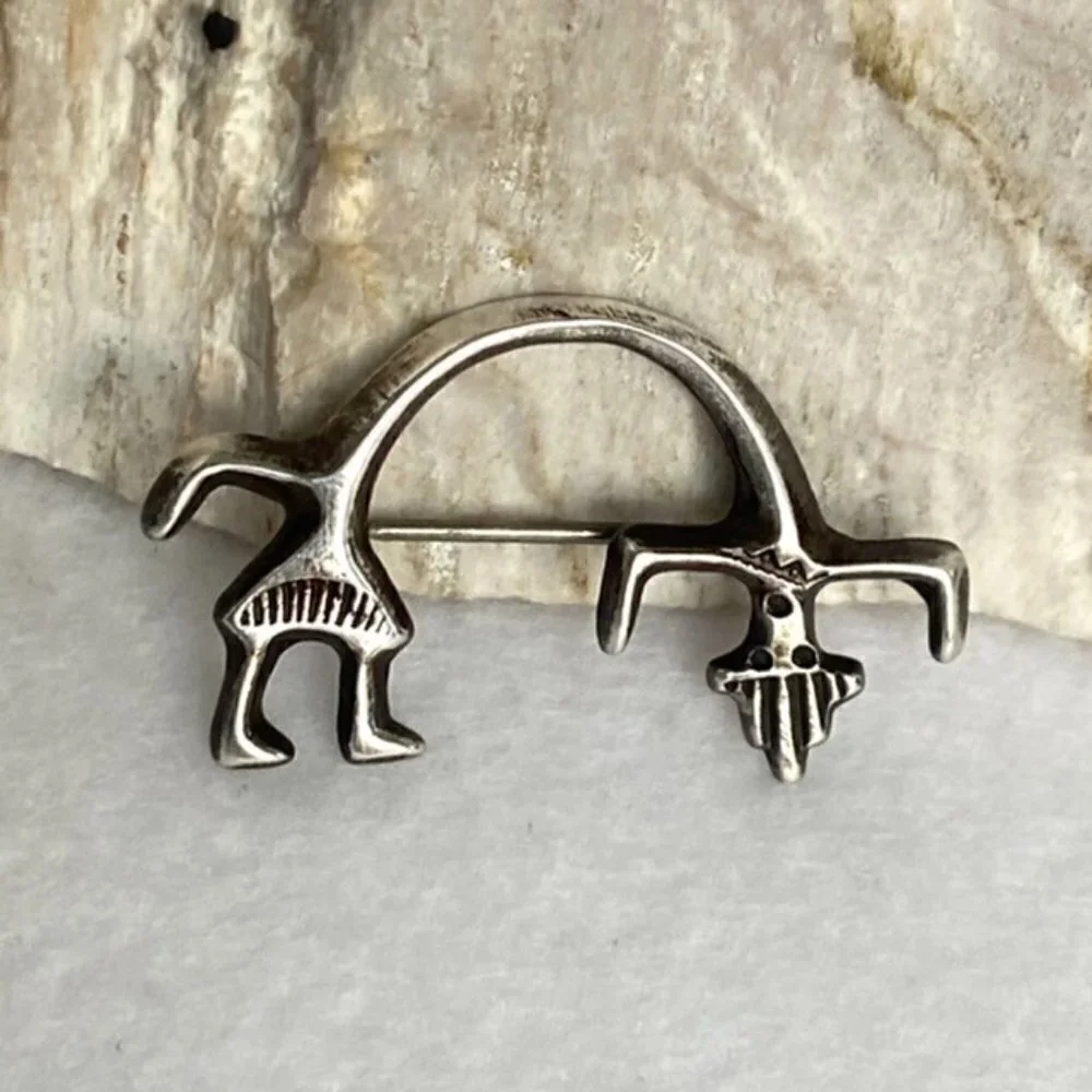 Vintage Sterling Silver 925 Southwest Yei Kachina Figural Stampwork Brooch Deity